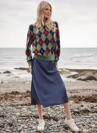 Cashmere Wool Argyle Crew Neck Sweater